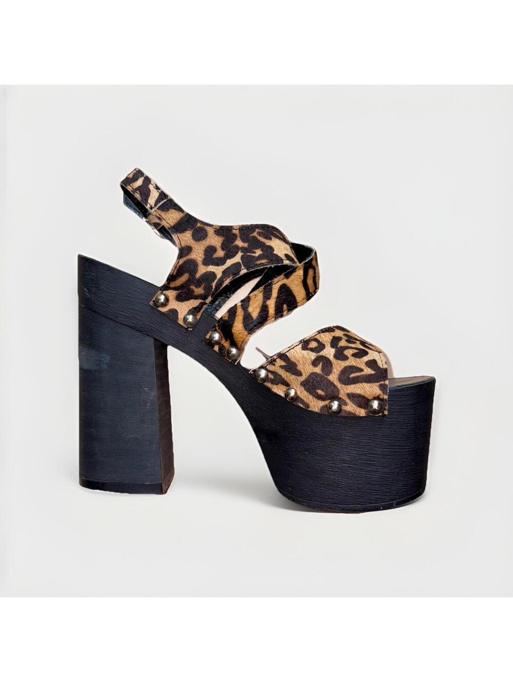 UNIF Womens 9 Leopard Pony Hair Platform Sandals Chunky Heel Studded
